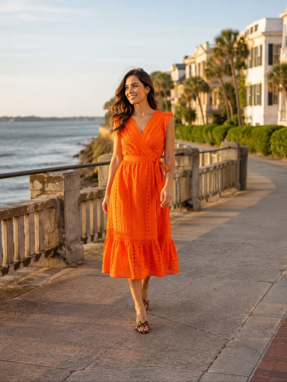 J Crew all over eyelet midi wrap dress resort orange